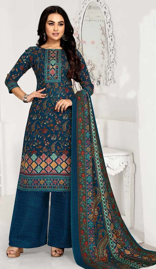 Party Wear Teal Blue Color Pashmina Silk Printed Work Palazzo Salwar Kameez -5133160082