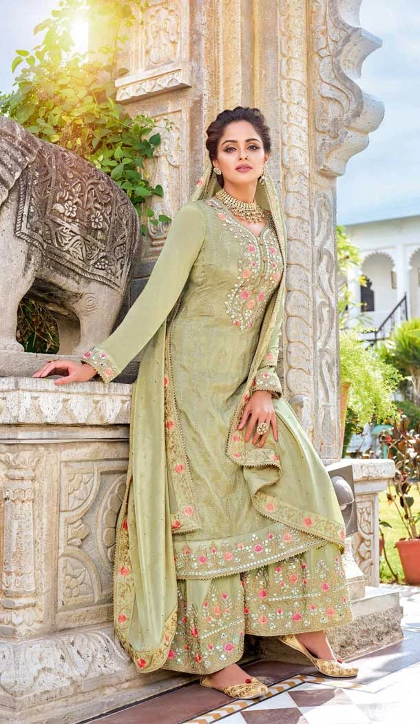 Pista Color Chinon Thread And Zari Embroidery Work Pakistani Style Palazzo Suit -5134160083