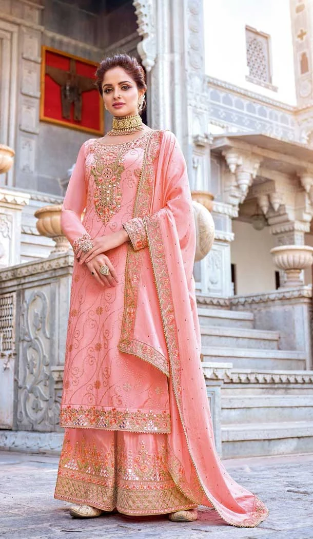 Pink Color Chinon Thread And Zari Embroidery Work Pakistani Style Palazzo Suit -5134160084