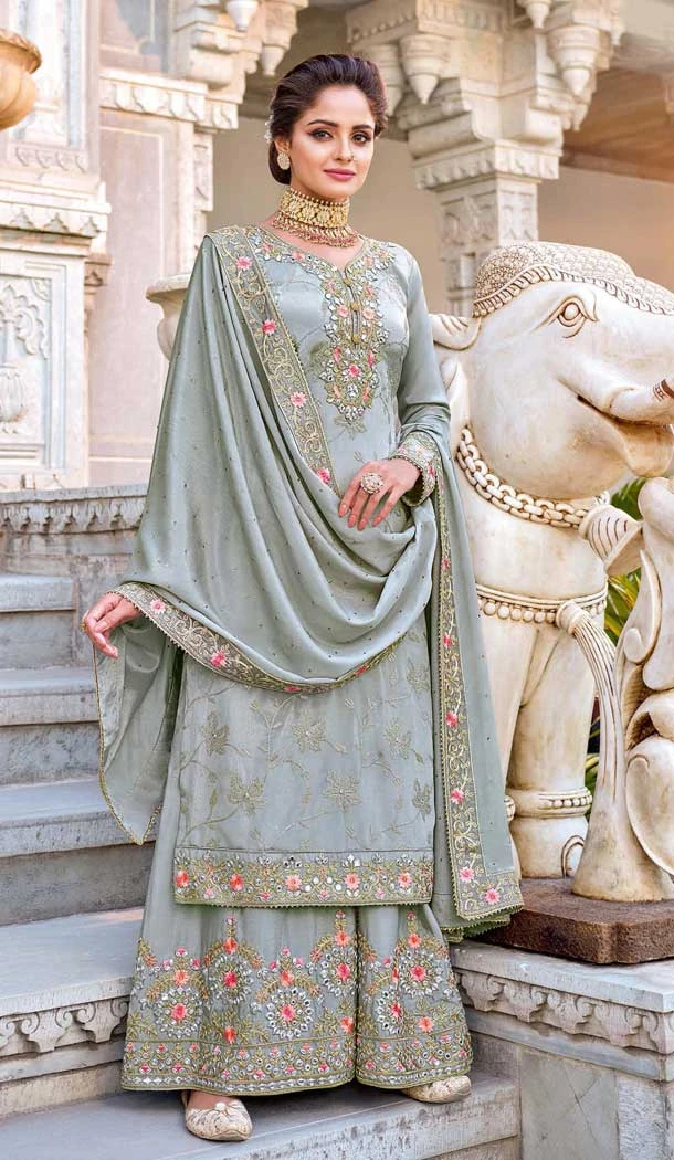 Grey Color Chinon Thread And Zari Embroidery Work Pakistani Style Palazzo Suit -5134160085