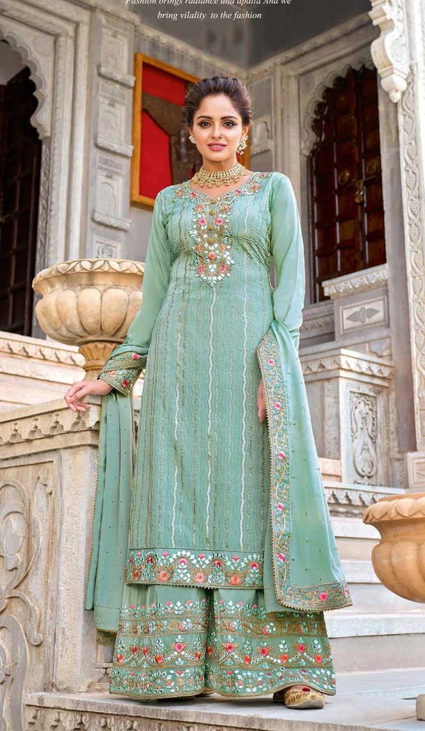 Mint Color Chinon Thread And Zari Embroidery Work Pakistani Style Palazzo Suit -5134160086