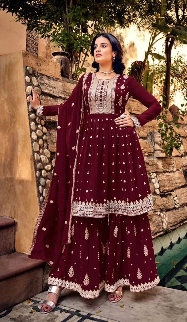 Maroon Color Heavy Georgette Embroidery Work Pakistani Style Palazzo Salwar Suit -5135160087