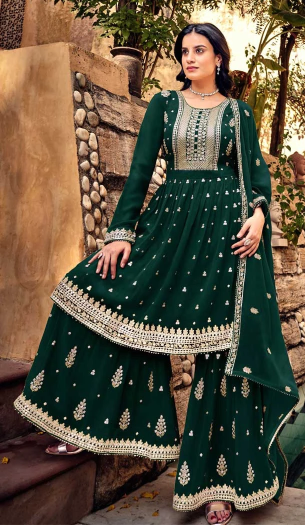 Green Color Heavy Georgette Embroidery Work Pakistani Style Palazzo Salwar Suit -5135160089