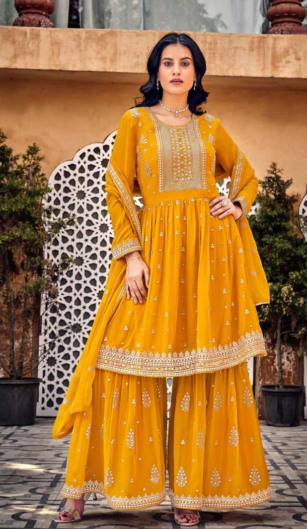 Mustard Color Heavy Georgette Embroidery Work Pakistani Style Palazzo Salwar Suit -5135160090