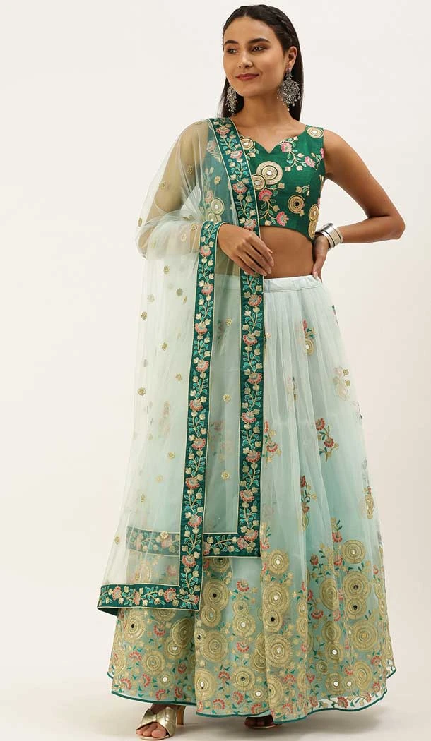 Turquoise Blue Color Net Embroidery Work Designer Wear Lehenga Choli -5148160159
