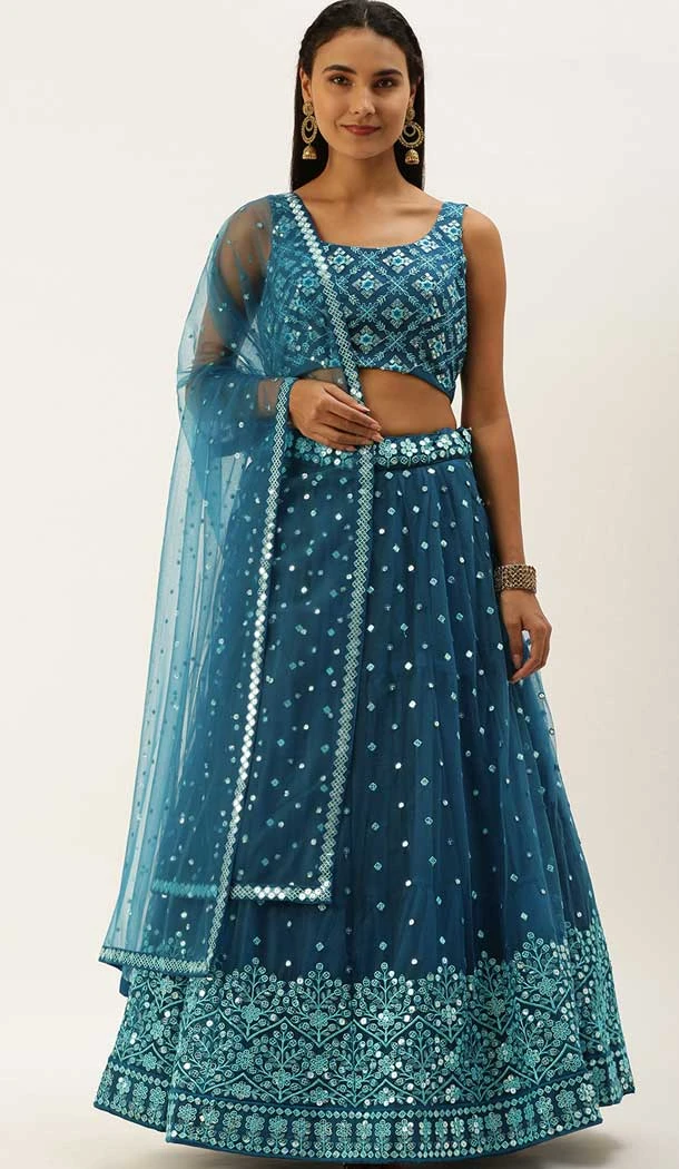 Teal Blue Color Net Embroidery Work Designer Wear Lehenga Choli -5148160161
