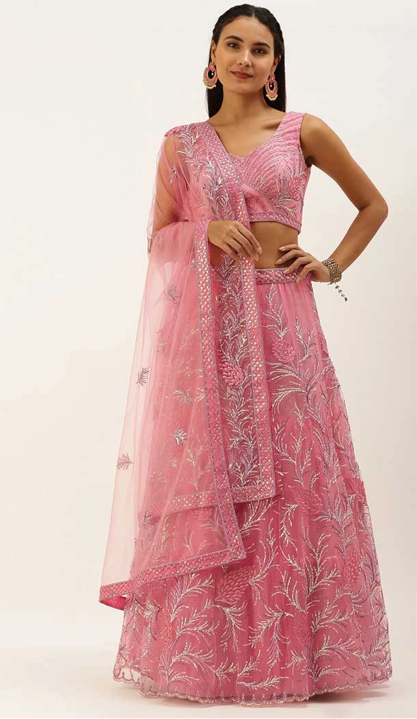 Light Pink Color Net Embroidery Work Designer Wear Lehenga Choli -5148160165