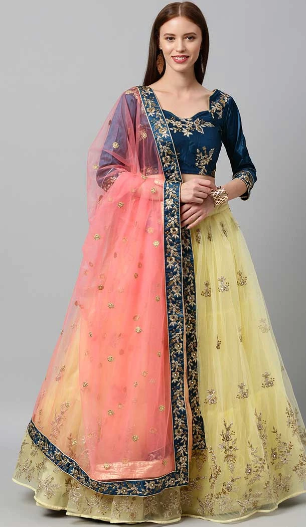 Light Yellow Color Net Embroidery Work Designer Party Wear Lehenga Choli -5149160168