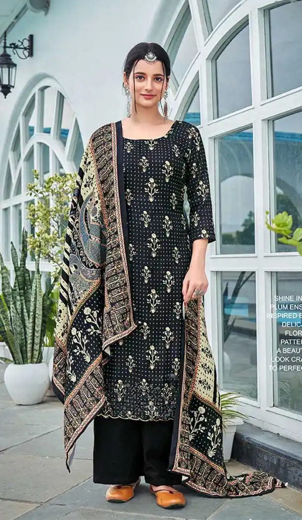 Black Color Pashmina Silk Embroidery Work Party Wear Palazzo Salwar Suit -5141160124