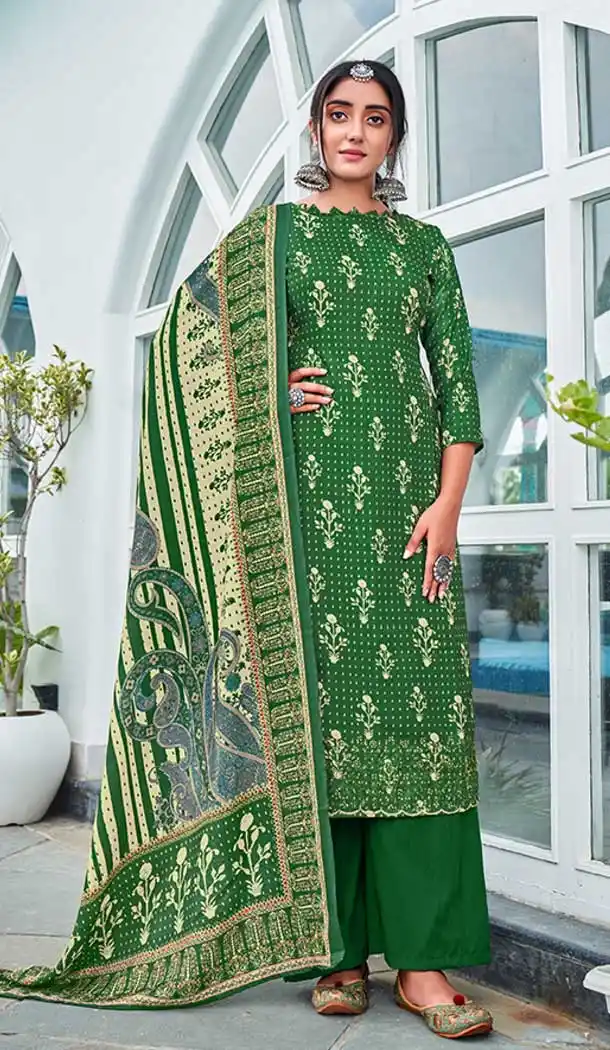 Green Color Pashmina Silk Embroidery Work Party Wear Palazzo Salwar Suit -5141160125