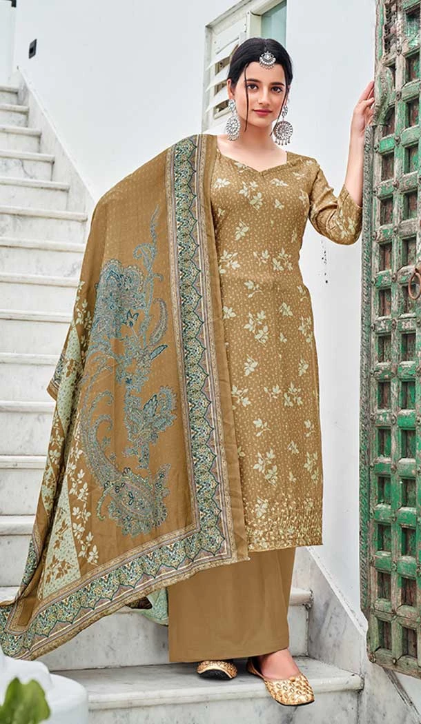 Chiku Color Pashmina Silk Embroidery Work Party Wear Palazzo Salwar Suit -5141160127