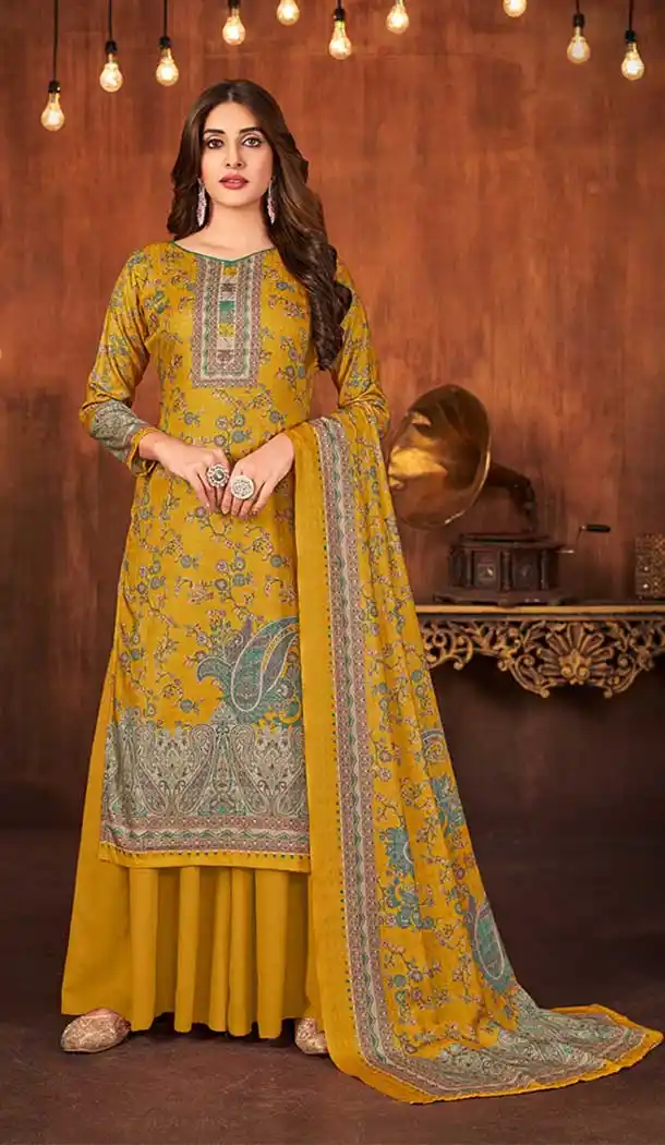 Mustard Color Pashmina Silk Embroidery Work Casual Wear Palazzo Suit -5143160136