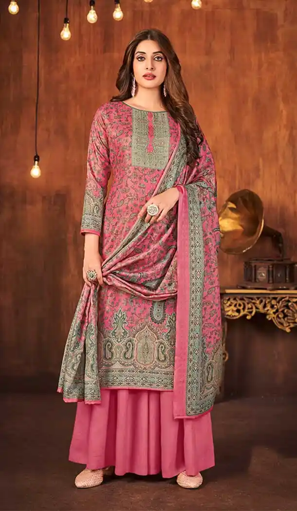 Pink Color Pashmina Silk Embroidery Work Casual Wear Palazzo Suit -5143160141