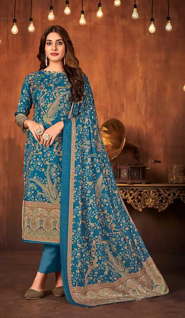 Teal Blue Color Pashmina Silk Embroidery Work Function Wear Salwar Kameez -5143160142