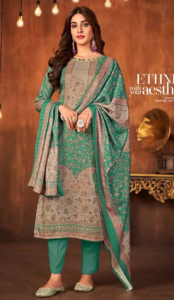 Rama Green Color Pashmina Silk Embroidery Work Casual Wear Palazzo Suit -5143160143