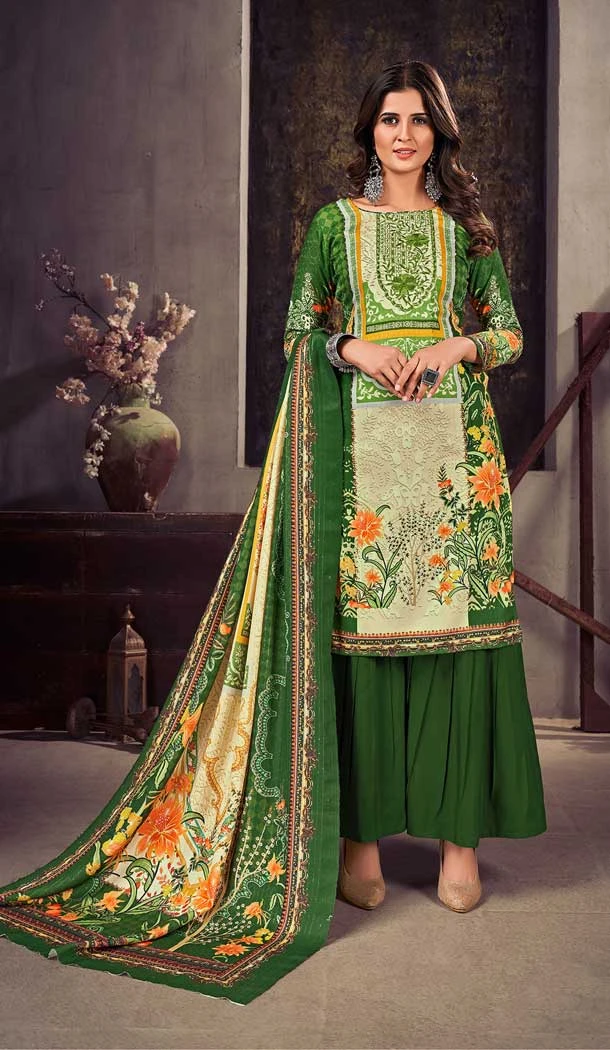 Green Color Pashmina Silk Embroidery Work Casual Wear Palazzo Salwar Kameez -5144160145