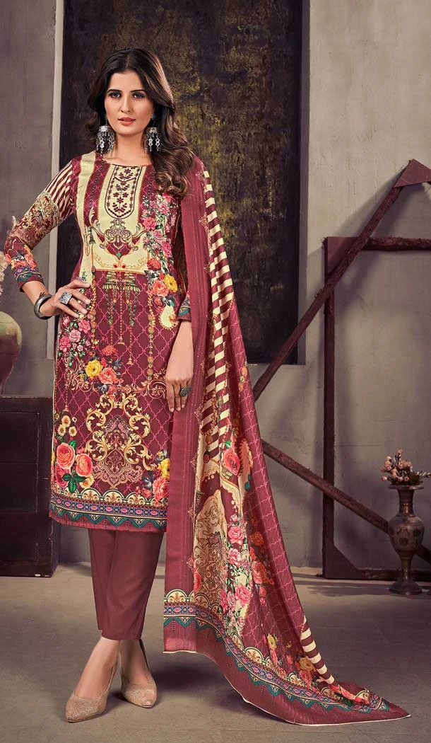 Maroon Color Pashmina Silk Embroidery Work Casual Wear Salwar Kameez -5144160146