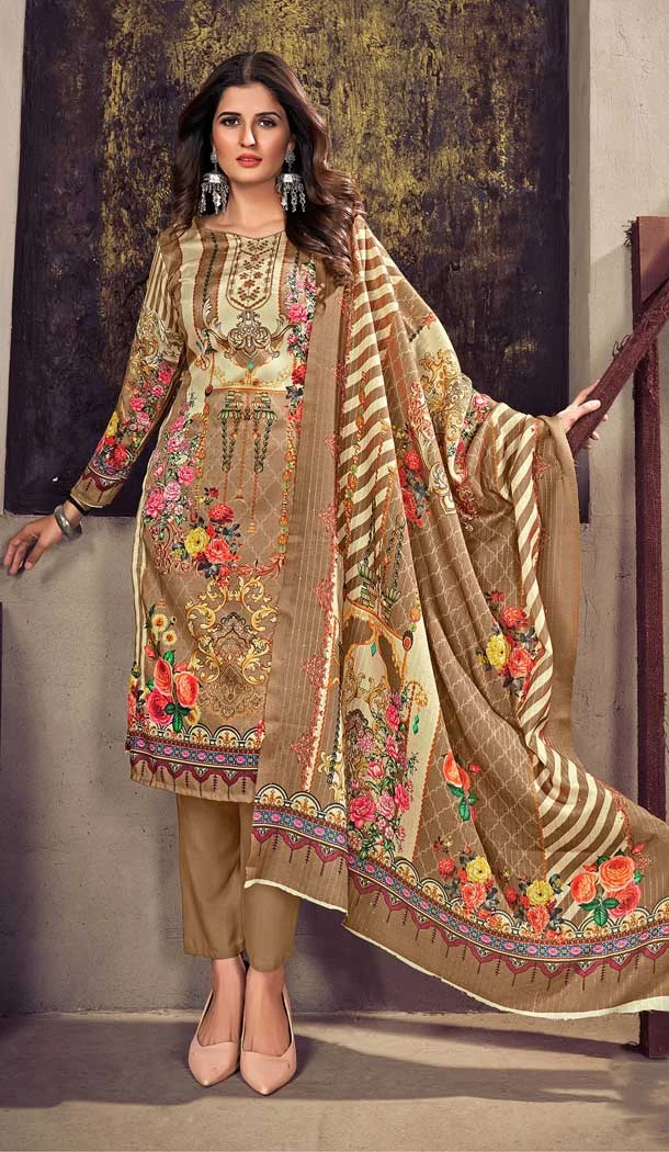 Brown Color Pashmina Silk Embroidery Work Casual Wear Salwar Kameez -5144160147