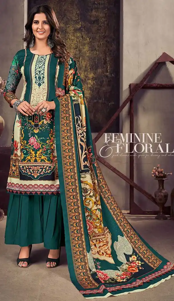 Teal Blue Color Pashmina Silk Embroidery Work Casual Wear Palazzo Salwar Kameez -5144160148