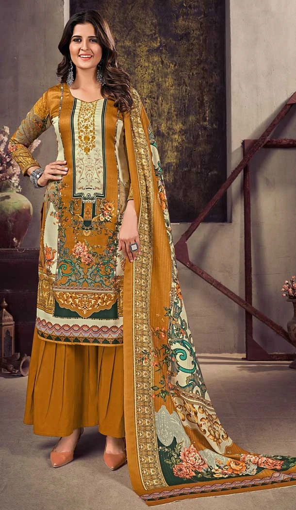 Mustard Color Pashmina Silk Embroidery Work Casual Wear Palazzo Salwar Kameez -5144160149