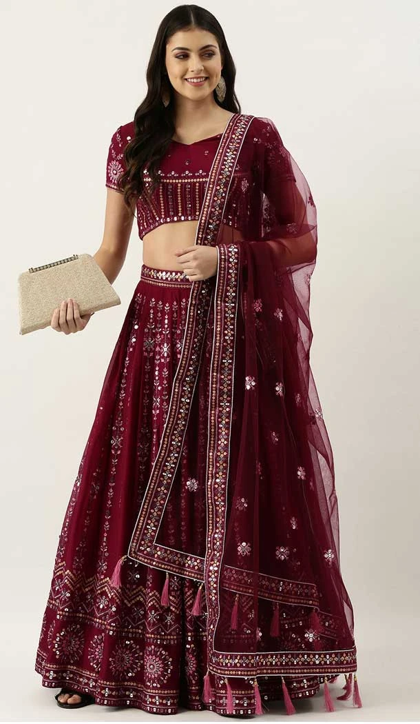 Burgundy Color Georgette Sequins And Zari Work Party Wear Lehenga Choli -5157160193