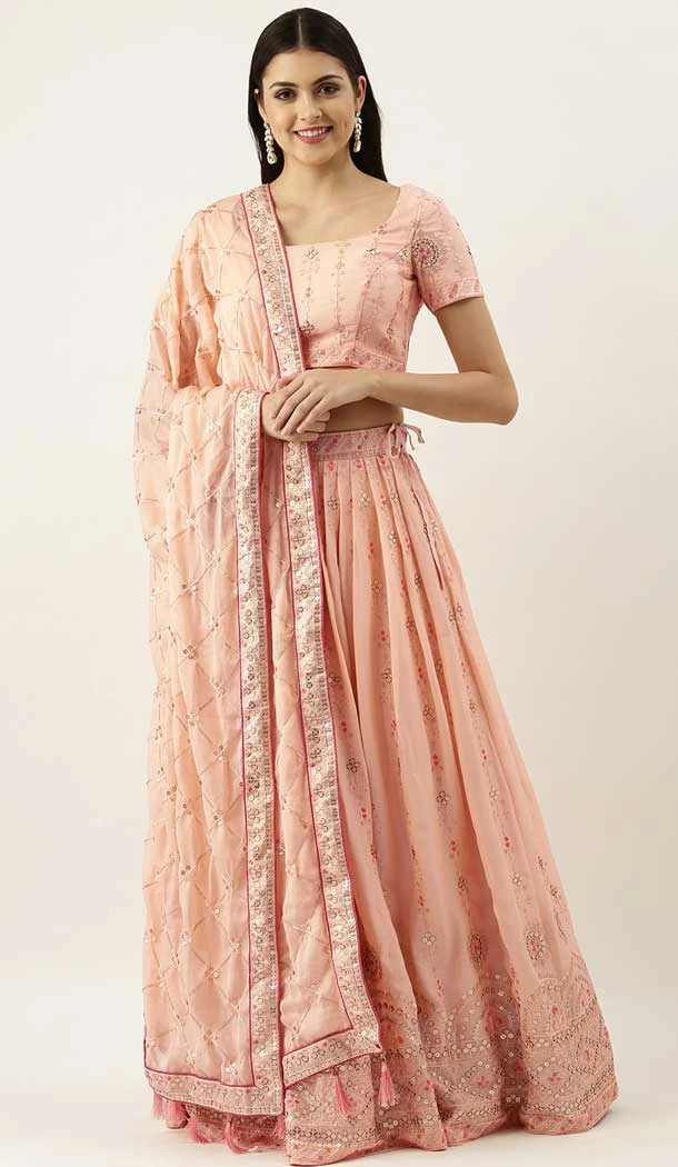 Peach Color Georgette Sequins And Zari Work Party Wear Lehenga Choli -5157160194