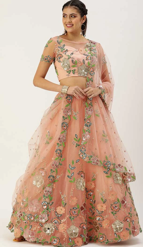 Sequins And Zari Work Peach Color Net Party Wear Lehenga Choli -5157160196