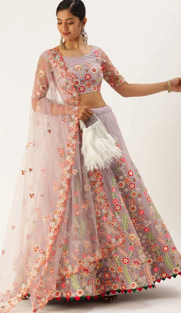 Lavender Color Net Sequins And Zari Work Wedding Wear Lehenga Choli -5158160198