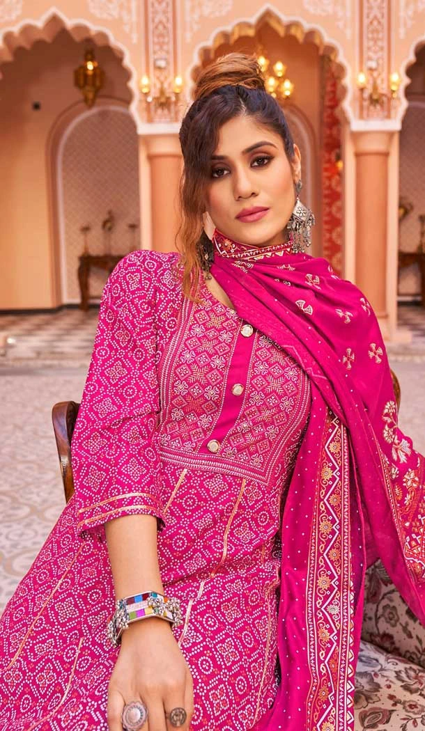 Pink Color Rayon Foil Print And Gota Work Festival Wear Gown With Dupatta -5163160234
