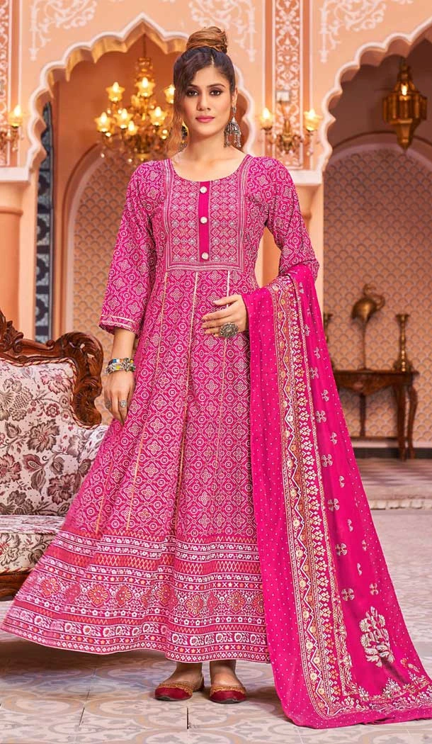 Pink Color Rayon Foil Print And Gota Work Festival Wear Gown With Dupatta -5163160234