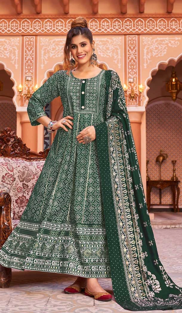 Green Color Rayon Foil Print And Gota Work Festival Wear Gown With Dupatta -5163160235