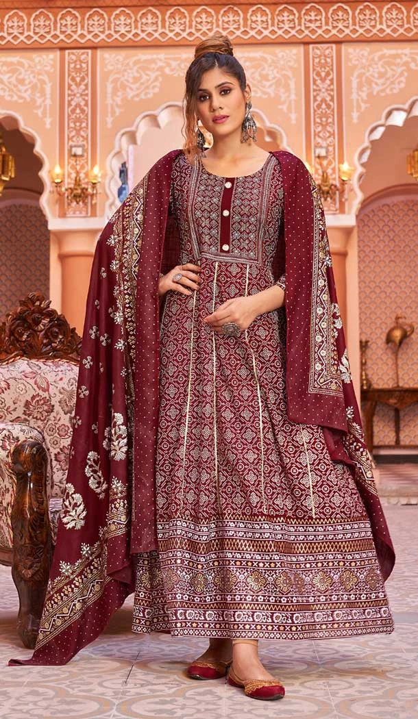 Maroon Color Rayon Foil Print And Gota Work Festival Wear Gown With Dupatta -5163160236