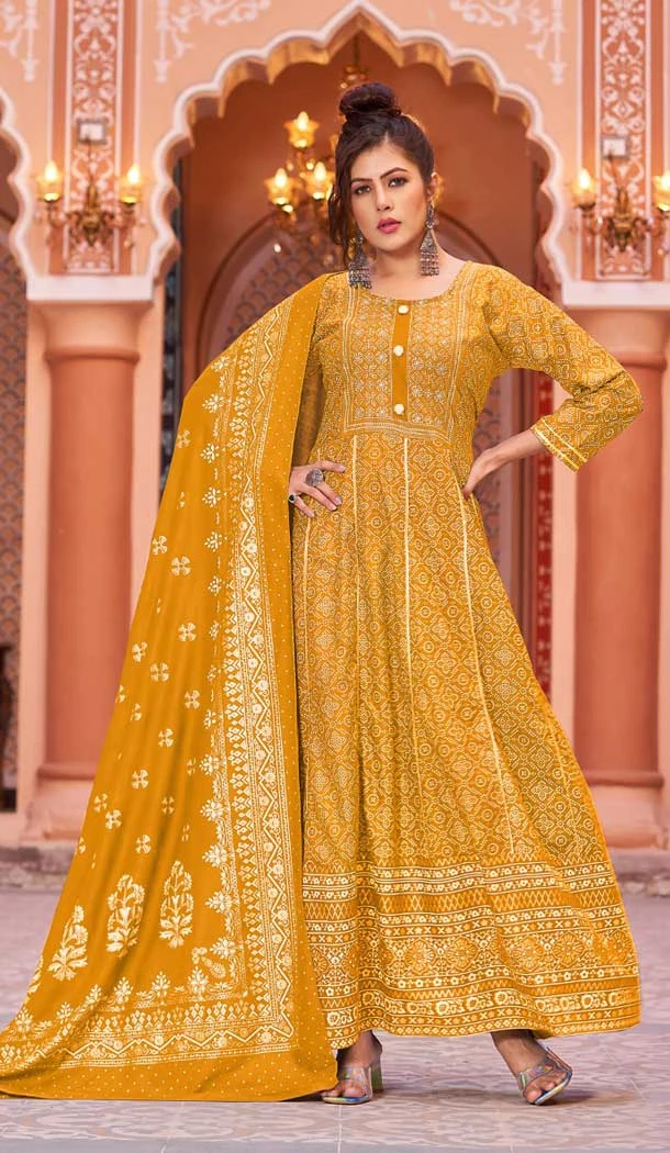 Mustard Color Rayon Foil Print And Gota Work Festival Wear Gown With Dupatta -5163160237