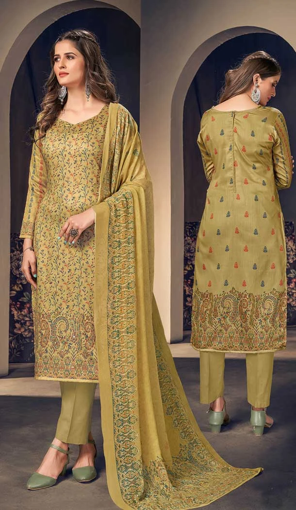 Green Color Jam Cotton Digital Print And Mirror Work Party Wear Salwar Kameez -5137160097