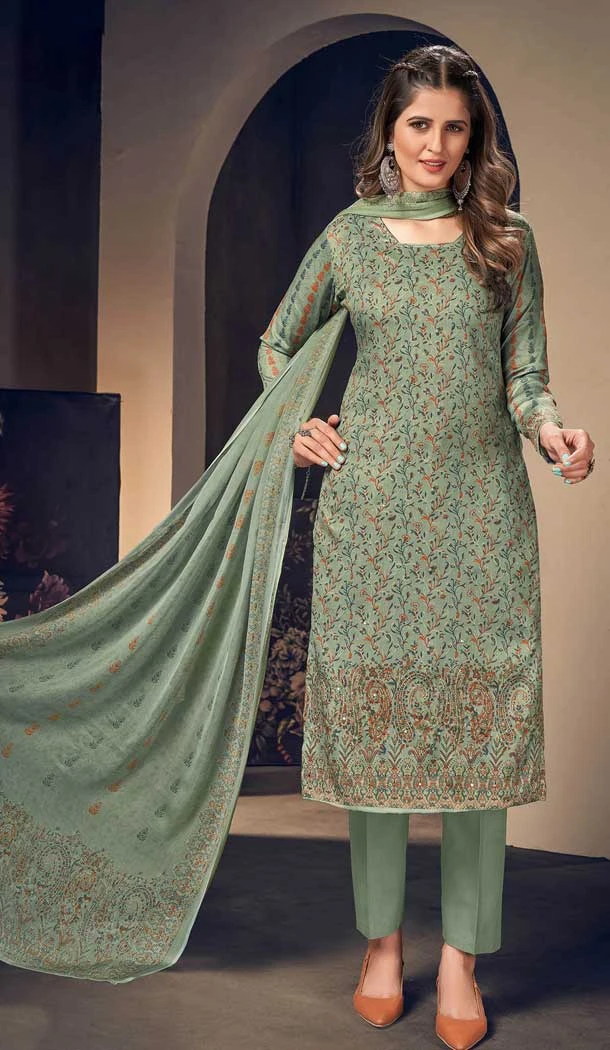 Sea Green Color Jam Cotton Digital Print And Mirror Work Party Wear Salwar Kameez -5137160098