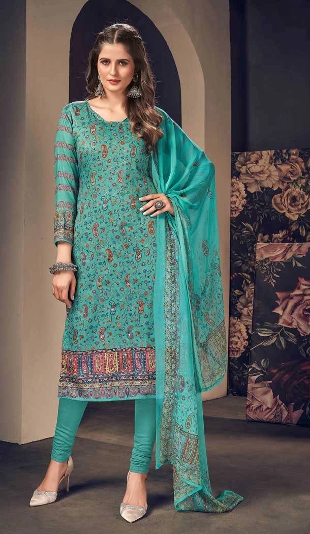 Turquoise Color Jam Cotton Digital Print And Mirror Work Party Wear Salwar Kameez -5137160101