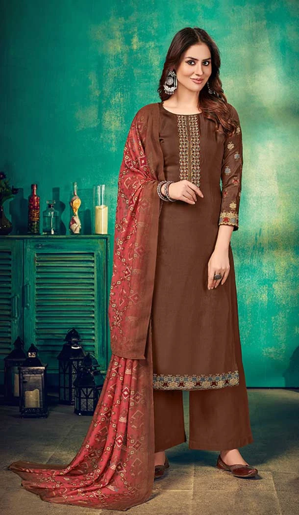 Dark Olive Color Muslin Dyed Casual Wear Palazzo Salwar Kameez -5139160107