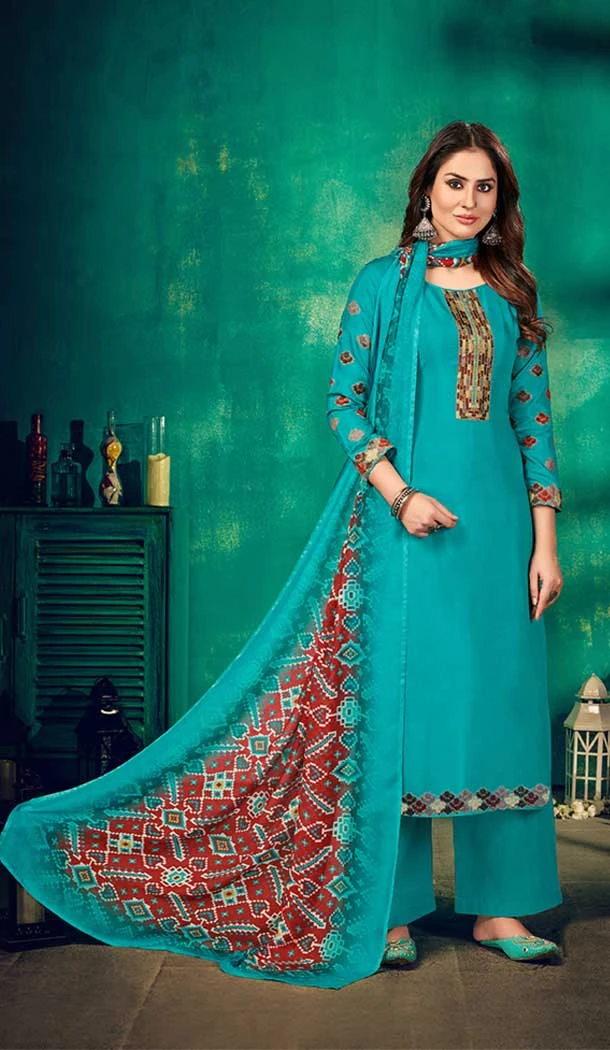 Teal Blue Color Muslin Dyed Casual Wear Palazzo Salwar Kameez -5139160109