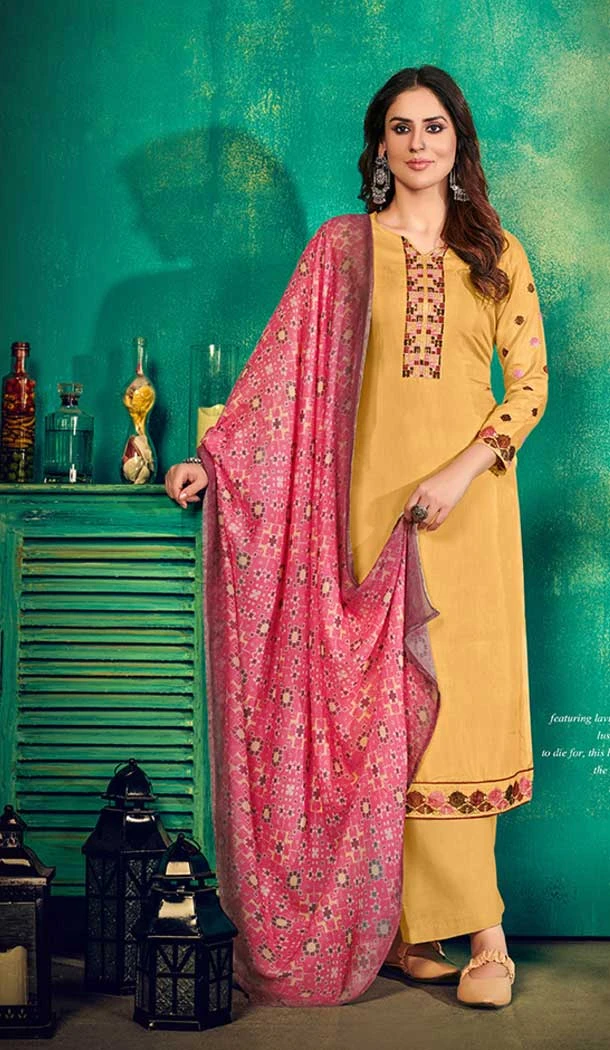 Light Yellow Color Muslin Dyed Casual Wear Palazzo Salwar Kameez -5139160110