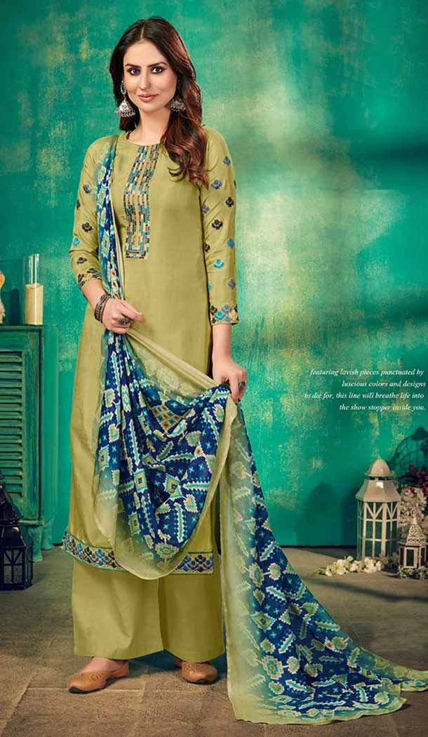 Light Olive Color Muslin Dyed Casual Wear Palazzo Salwar Kameez -5139160113
