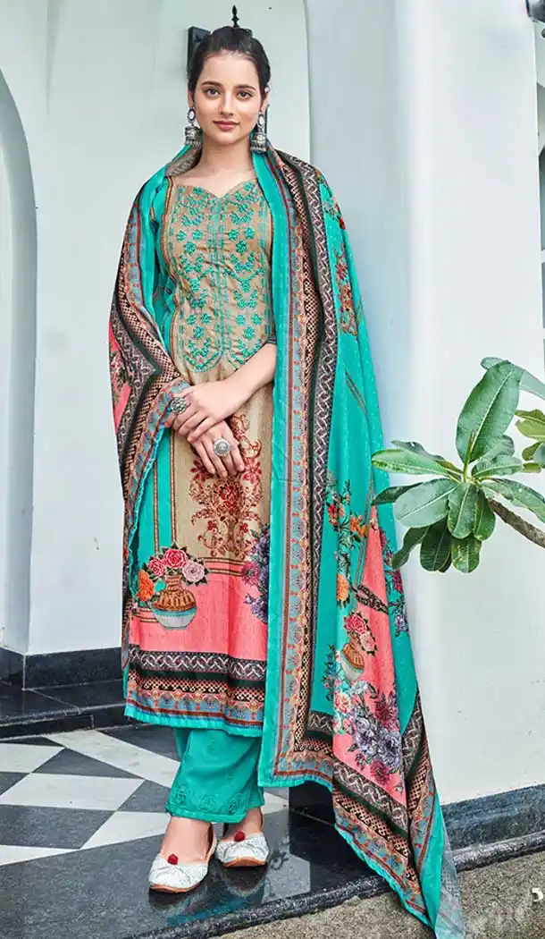 Turquoise Color Pashmina Printed Work Pakistani Style Salwar Kameez -5140160118