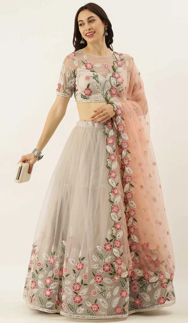 Grey Color Net Embroidery Work Designer Party Wear Lehenga Choli -5171160335