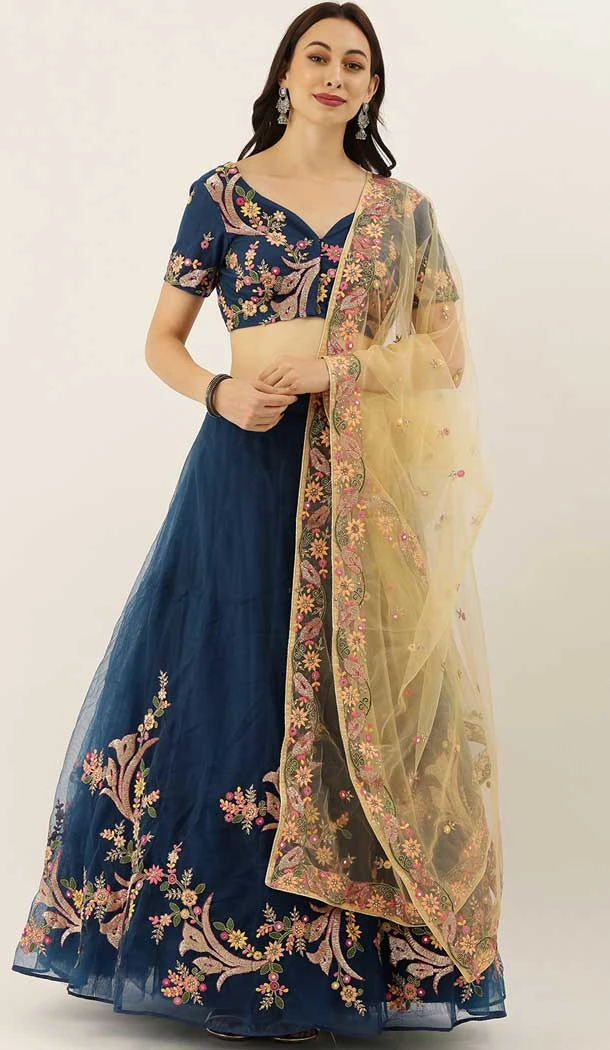 Teal Blue Color Net Embroidery Work Designer Party Wear Lehenga Choli -5171160337