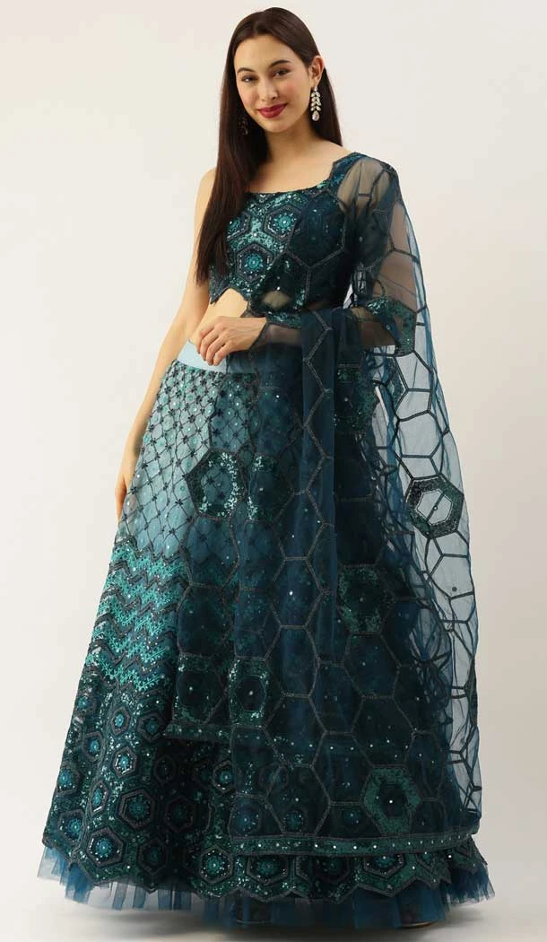Net Embroidery Work Teal Blue Color Designer Party Wear Lehenga Choli -5171160339