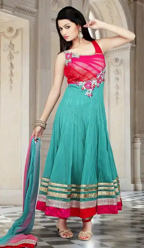 Mesmerizing Greenish Blue & Red Salwar Kameez