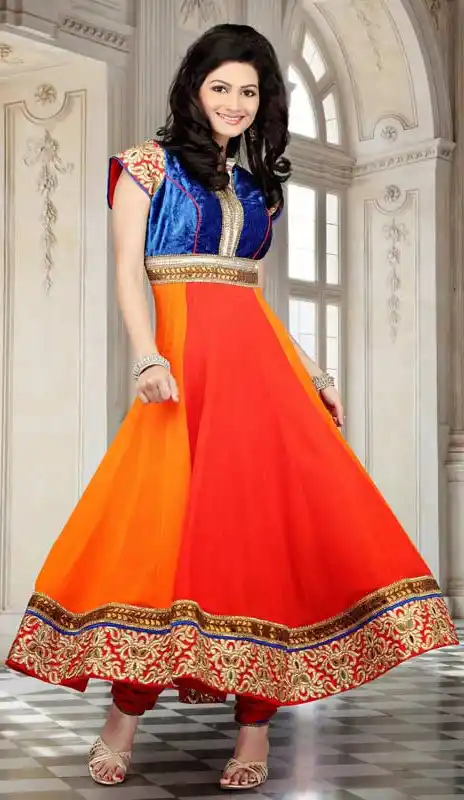 Dazzling Diva Deep Orange, Royal Blue & Tometo Salwar Kameez