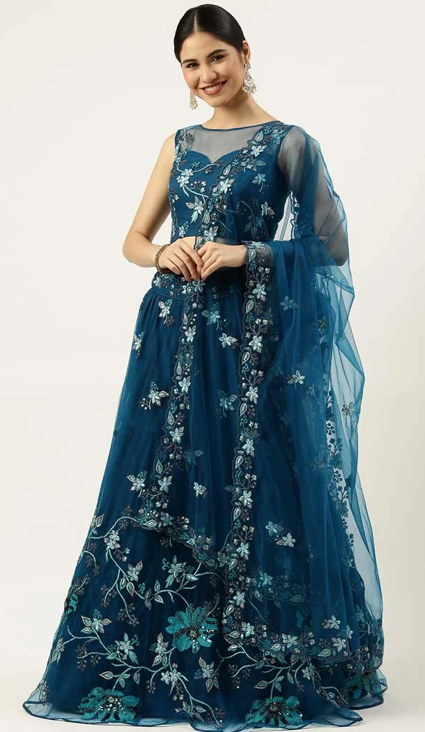 Teal Blue Color Net Embroidery Work Function Wear Designer Lehenga Choli -5172160340