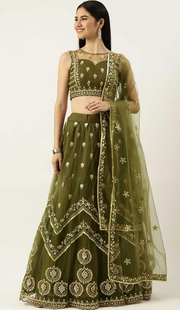 Olive Green Color Net Embroidery Work Function Wear Designer Lehenga Choli -5172160343