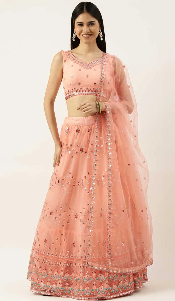 Peach Color Net Embroidery Work Function Wear Designer Lehenga Choli -5172160344