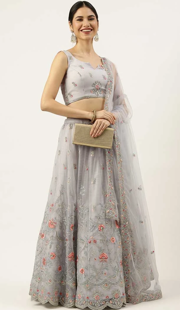 Grey Color Net Embroidery Work Function Wear Designer Lehenga Choli -5172160345